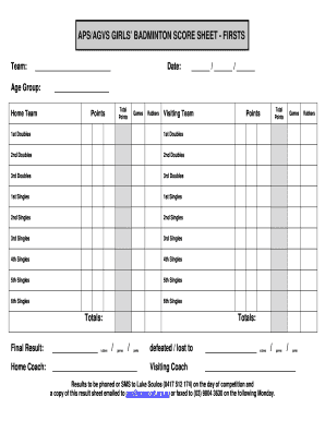 Badminton Score Sheet Excel Template  Form