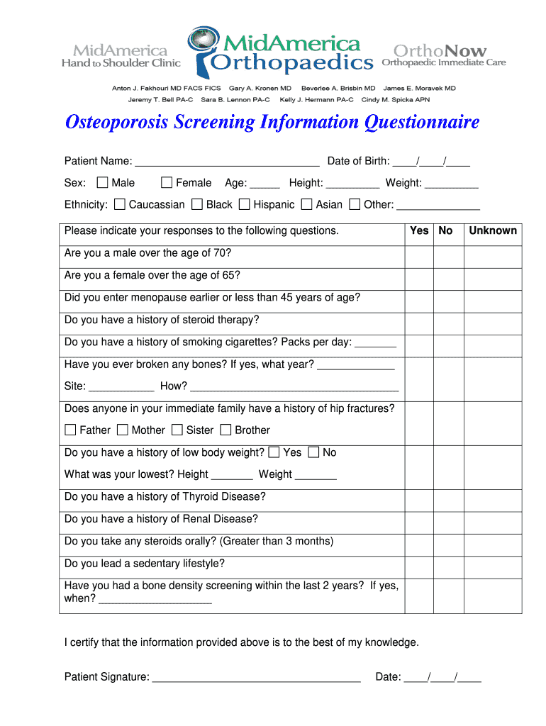 Osteoporosis Screening Information Questionnaire
