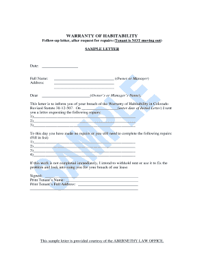 Warranty of Habitability Sample Letter Colorado  Form