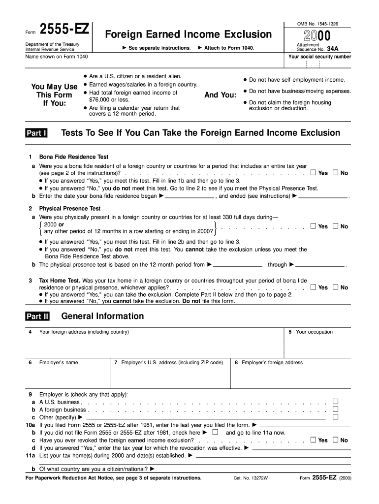  Form 2555 EZ Foreign Earned Income Exclusion Irs 2000