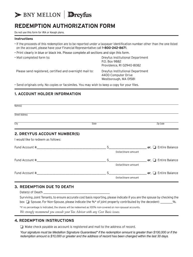 REDEMPTION AUTHORIZATION FORM BNY Mellon