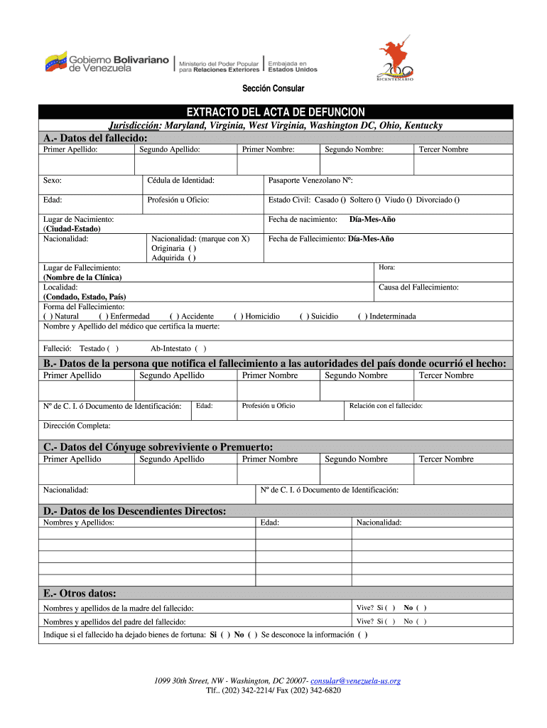 Acta De Defunci N Venezuela PDF  Form