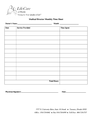 Medical Director Monthly Timesheet Life Care Therapy  Form
