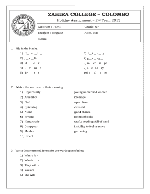 Holiday Assignment in Tamil  Form