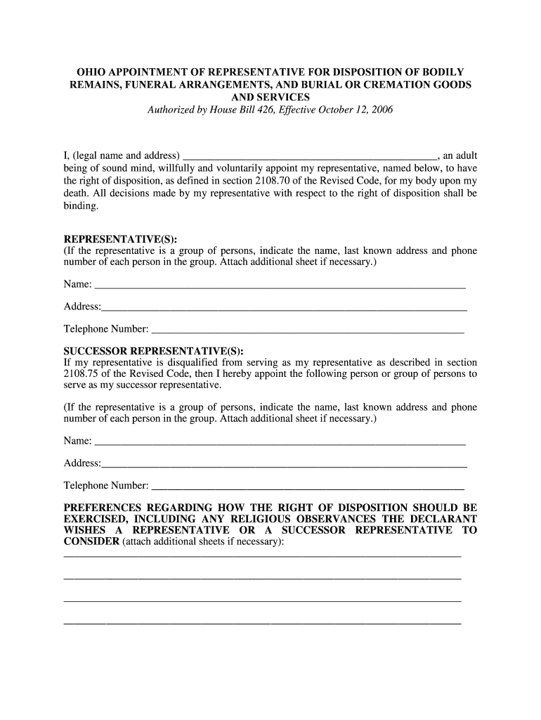 Ohio Appointment of Represeentative for Disposition of Bodily Remains Funeral Arrangements and Burial or Cremation Goods and Ser  Form