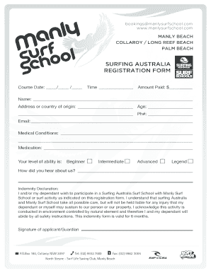 SURFING AUSTRALIA REGISTRATION FORM Manly Surf School