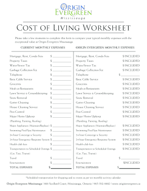 Cost of Living Worksheet  Form