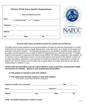 Health Assessment National Association for Family Child Care Nafcc  Form