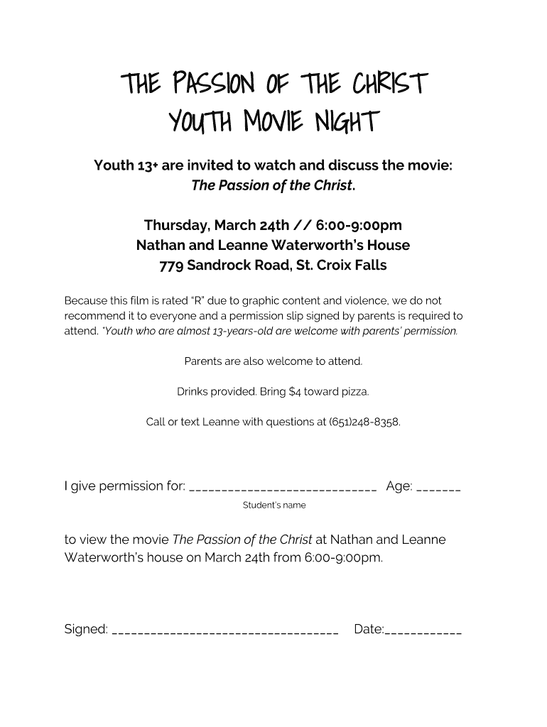 Get and Sign the PASSION of the CHRIST YOUTH MOVIE NIGHT  Form