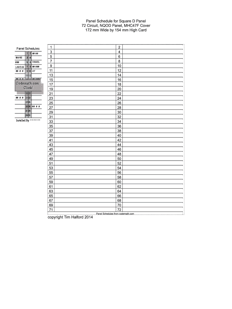 Square D Panel Schedule Template  Form