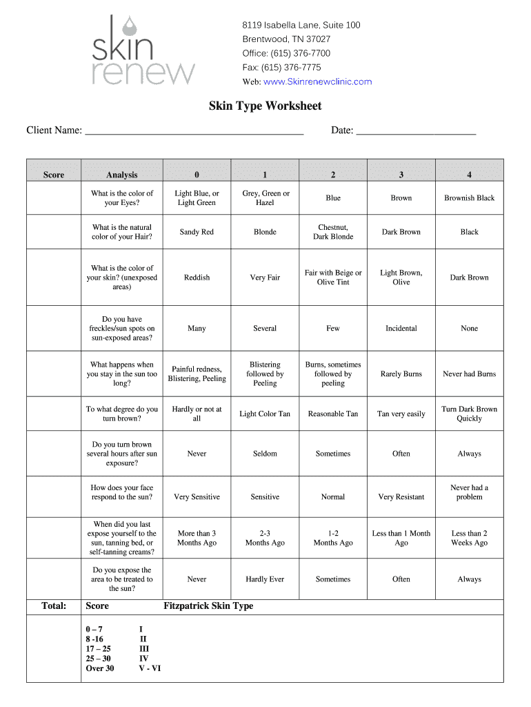 Skin Type Worksheet Skin ReNew Clinic  Form