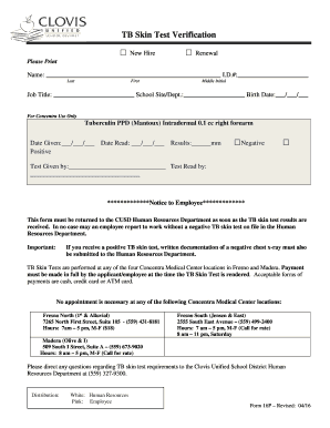 TB Skin Test Verification 06 10 Clovis Unified School District  Form