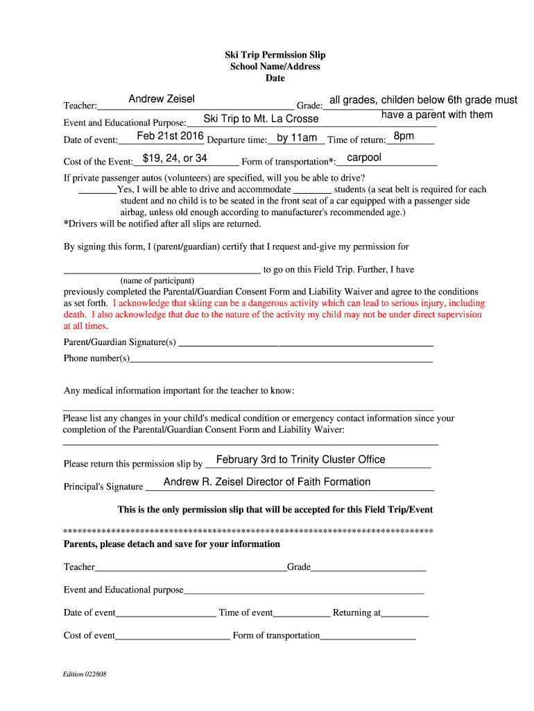 Ski Trip Permission Form Trinity Cluster