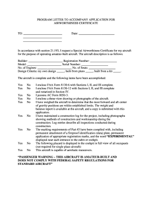 PROGRAM LETTER to ACCOMPANY APPLICATION for AIRWORTHINESS CERTIFICATE to Date in Accordance with Section 21 209 83 103  Form