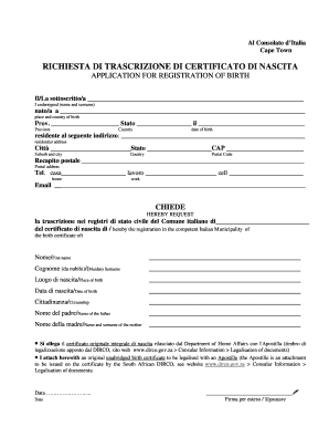 Richiesta Di Trascrizione Di Certificato Di Nascita Consolato D&amp;#39;Italia a Conscapetown Esteri  Form
