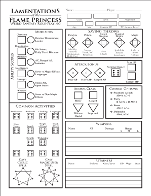Lamentations of the Flame Princess Character Sheet  Form
