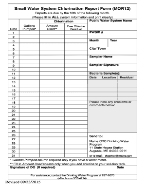 Small Water System Chlorination Report Form Maine