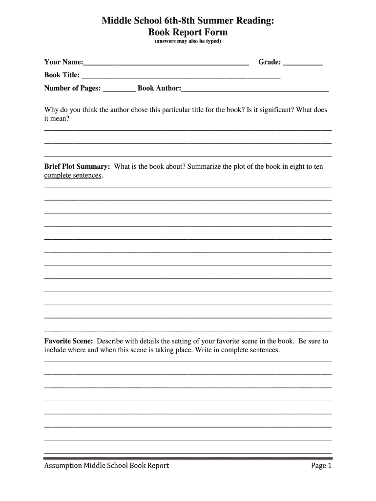 Book Report Form for 6th Graders