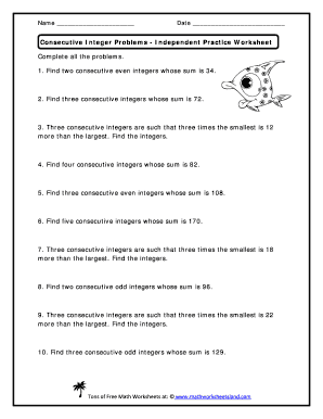 Consecutive Integers Worksheet with Answers PDF  Form