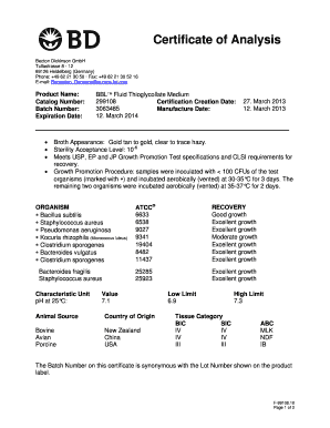 Bd Bbl Certificate of Analysis  Form