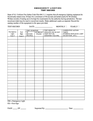 Printable Emergency Lighting Test Log Template  Form