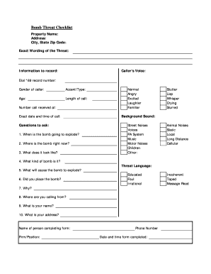 Bomb Threat Checklist B75arlingtonbbcomb  Form