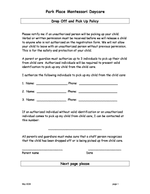 Drop off and Pick Up Park Place Daycare  Form