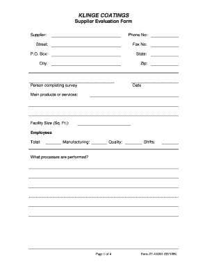 KLINGE COATINGS Supplier Evaluation Form