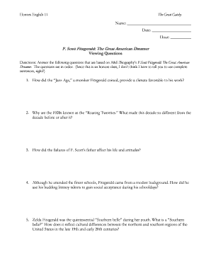 F Scott Fitzgerald the Great American Dreamer Worksheet Answers  Form