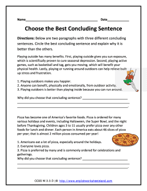Choose the Best Concluding Sentence Worksheet PDF  Form