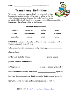 Fill in the Blank Transition Worksheet PDF  Form