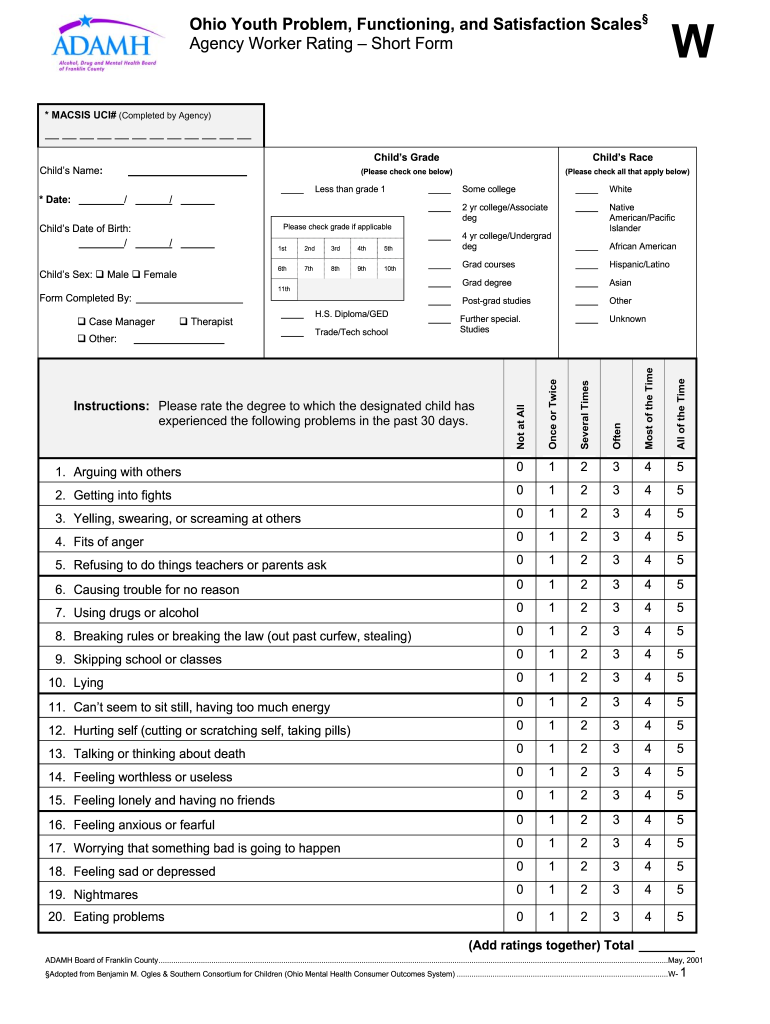  Agency Worker Rating Short Form Ohio Youth Problem 2001-2024