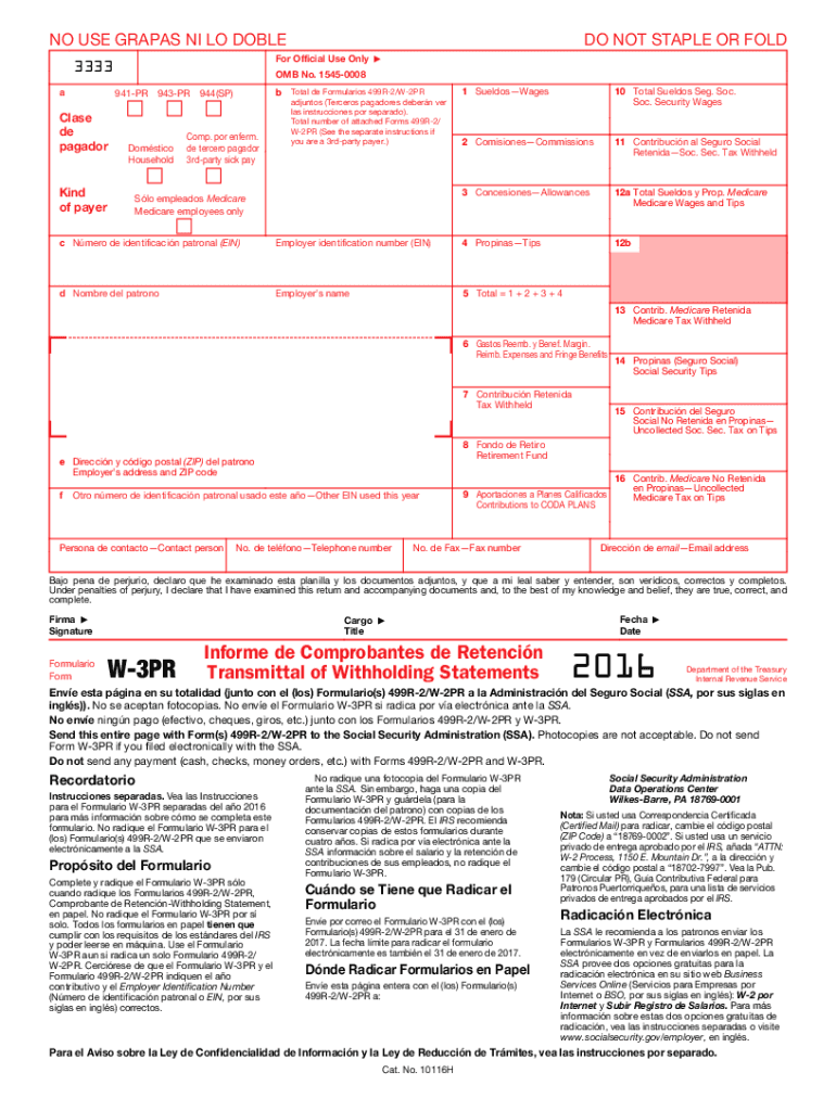  Form W 3 PR Transmittal of Withholding Statements Puerto Rico 2016