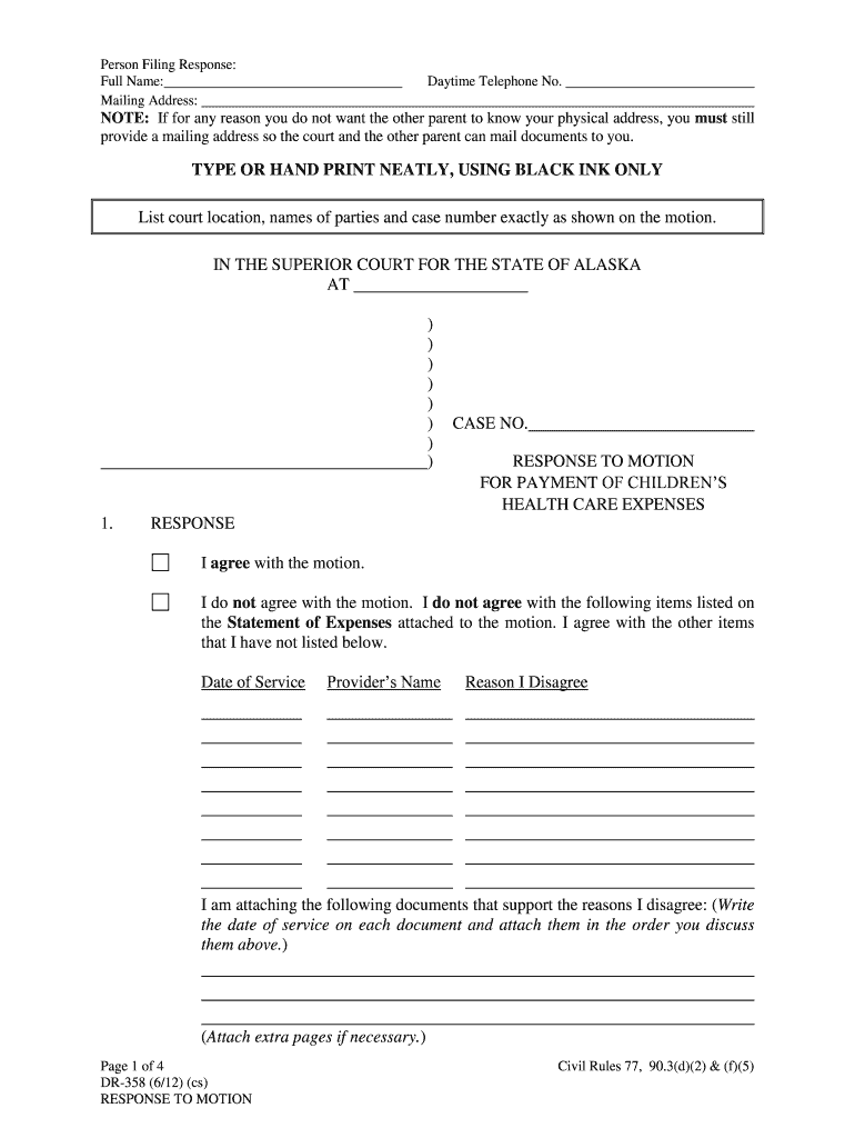 DR 358 Response to Motion 612 PDF Fill in Domestic Relations Forms