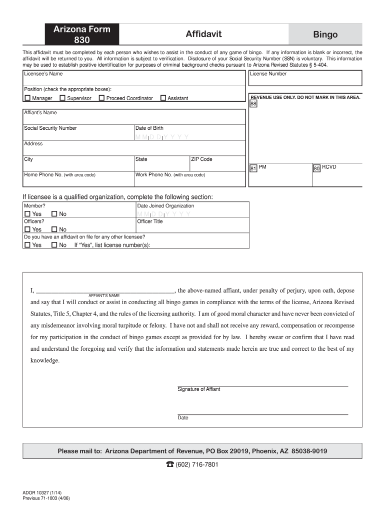  Arizona Form 830 Bingo Affidavit Azdor 2014