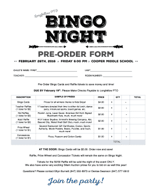 Longfellow Bingo Night Order Form Longfellowpto