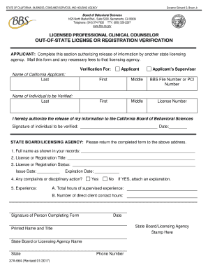 Board of Behavioral Sciences L P C C Out of State Licensure Application Packet Board of Behavioral Sciences L P C C Out of State  Form