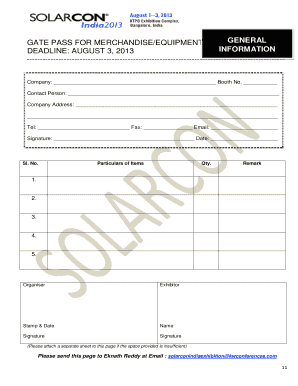 Sample Gate Pass for Equipment  Form