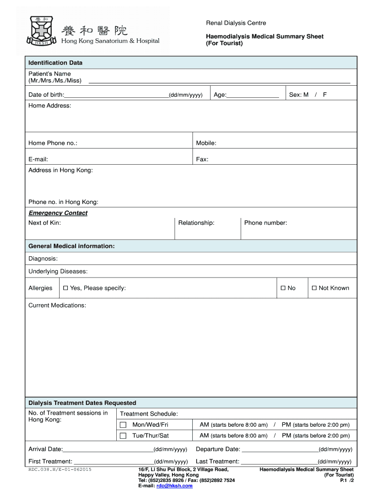 Haemodialysis Medical Summary Sheet for Tourist Hksh Org  Form