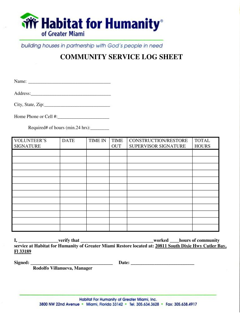 Community Service Log Sheet  Form