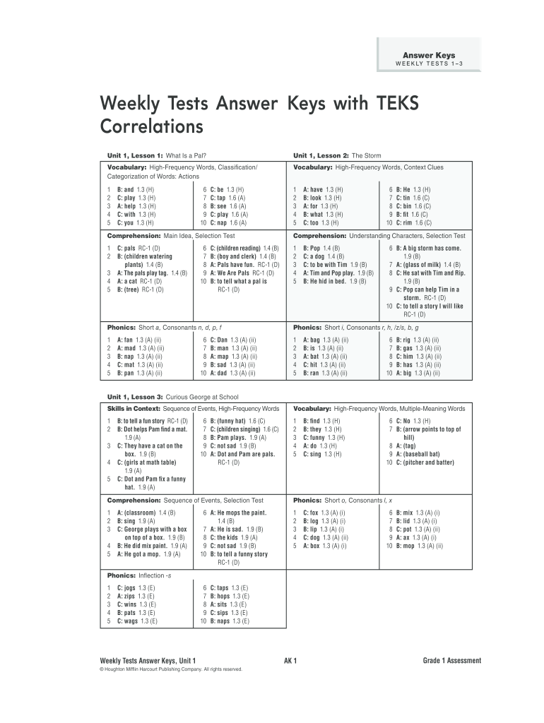 Journeys Grade 3 Weekly Tests Answer Key PDF  Form