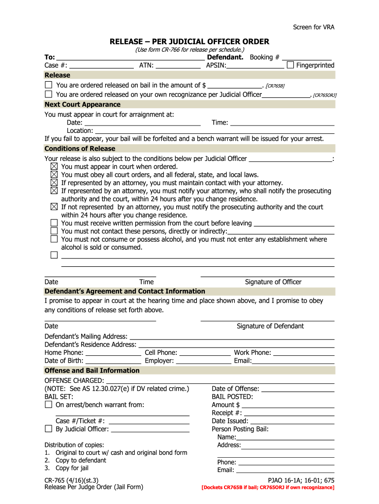  CR 765 Release Jail Form 2016