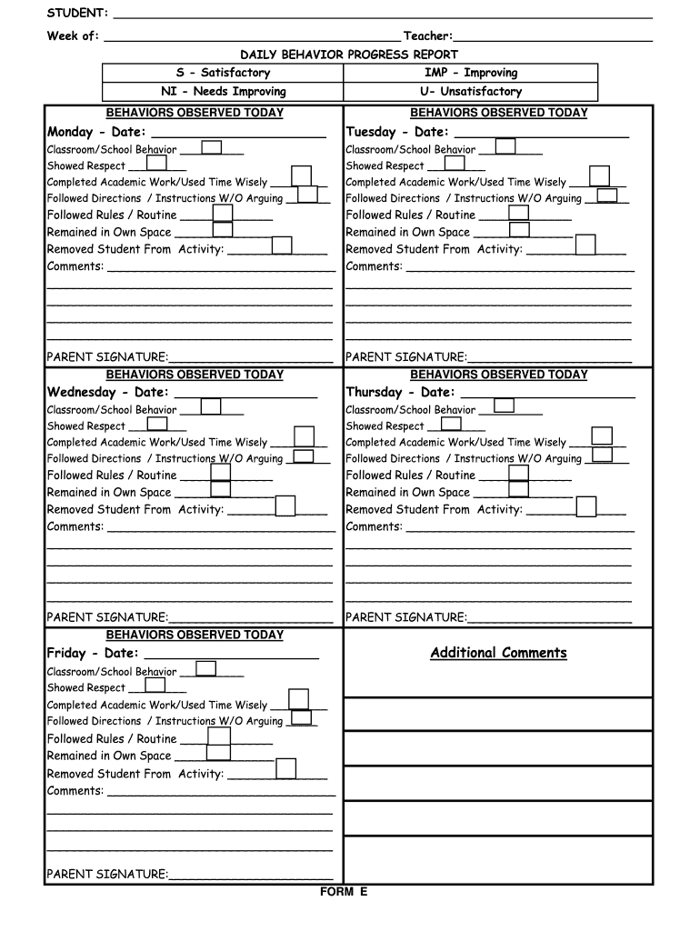 Form E Daily Behavior Progress Report SchoolDesk