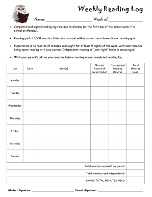 Weekly Reading Log Our Lady of the Lake Catholic  Form