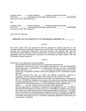 AGREEMENT on the TRANSFER of the TRANSMISSION AGREEMENT NO Plinovodi  Form