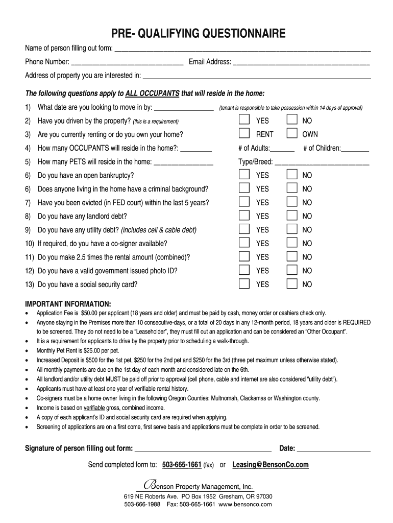 To Download PRE QUALIFYING QUESTIONNAIRE Benson  Form