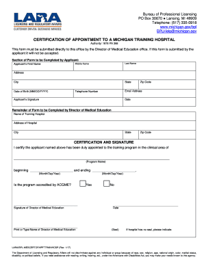  Certification of Appointment to a Michigan Training Hospital Medicine Form 2017
