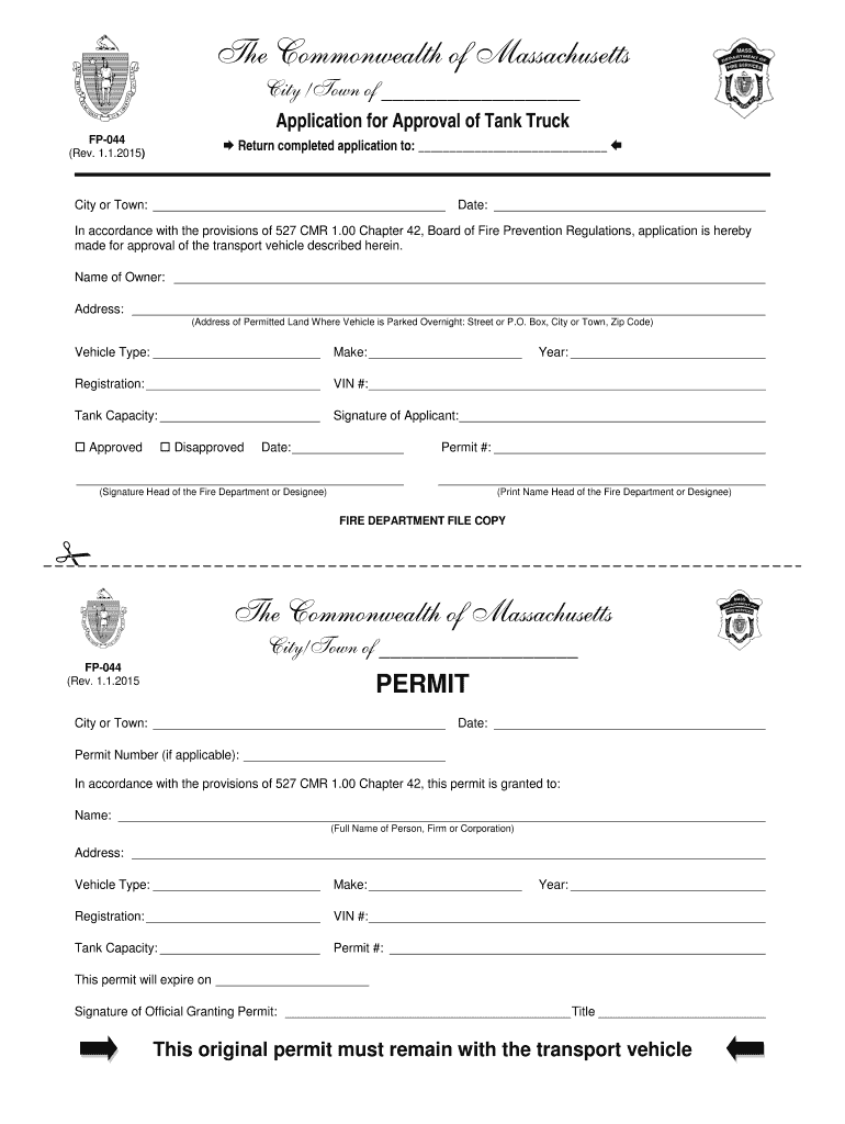  the Commonwealth of Massachusetts City Town of Application for Approval of Tank Truck FP044 Rev  Sterlingfd 2015