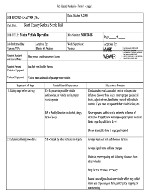 Job Hazard Analysis Form 1 Page 1 Date October 9, JOB HAZARD ANALYSIS JHA North Country National Scenic Trail Park Unit JOB TITL