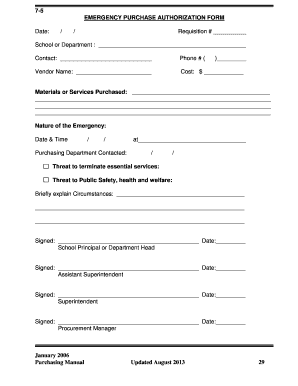 7 5 EMERGENCY PURCHASE AUTHORIZATION FORM Materials or